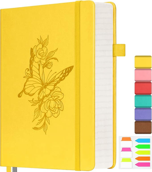 Lined Notebook Journal for Women, 312 Numbered Pages A5 Thick Leather Journal, 100gsm Paper Daily Journal for Work Travel, Hardcover College Ruled Notebook, Giftable Butterfly Floral Notebook, Yellow-DeskLoop Office