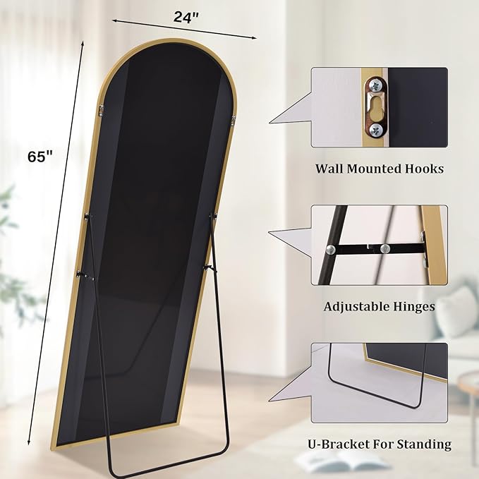 HARRITPURE 65"x24" Arched Full Length Mirror Free Standing & Wall-Mounted Full-Length Mirror with Stand Modern Gold Mirror for Living Room Bedroom Cloakroom Aluminum Frame-DeskLoop Office