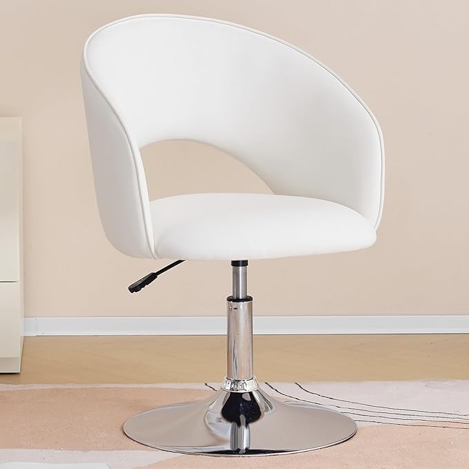 Furnimart Vanity Chair White Leather Vanity Stool, Height Adjustable Accent Chair with Back, Round Swivel Makeup Chair for Living Room Bedroom Vanity Makeup Room (PU White)-DeskLoop Office