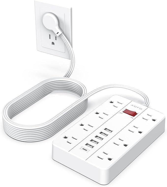 10ft Extension Cord Long Power Strip,AOFO 8 Widely-Spaced Outlets & 6 USB Ports Flat Plug Power Strip,Power Cord for Wall Mountable and Desktop White-DeskLoop Office