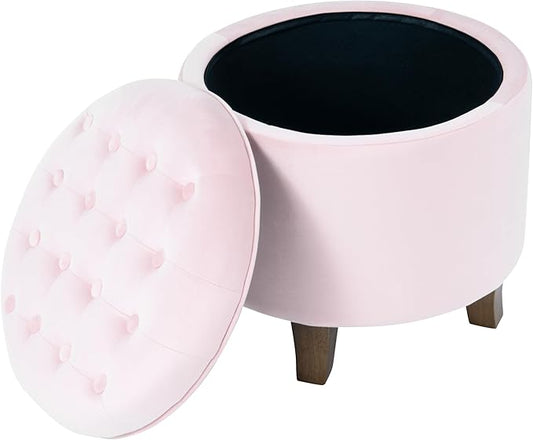 HomePop by Kinfine Fabric Upholstered Round Storage Ottoman - Velvet Button Tufted Ottoman with Removable Lid, Pink, Small-DeskLoop Office