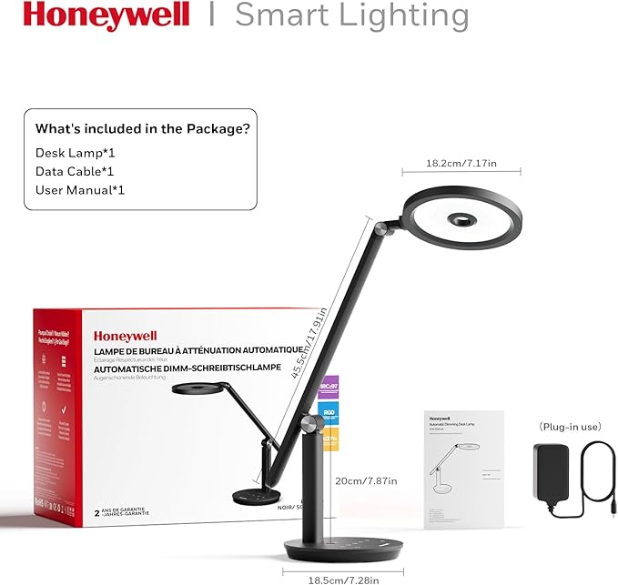 Honeywell Desk Lamp for Home Office, H6 Sunturalux™ Eye-Caring Led Desk Light, 800LM Dimmable Desk Lamp with Timer, Touch Control Tall Desk Reading Light, Table Lamp for Circle Webcam, Study, Bedroom-DeskLoop Office