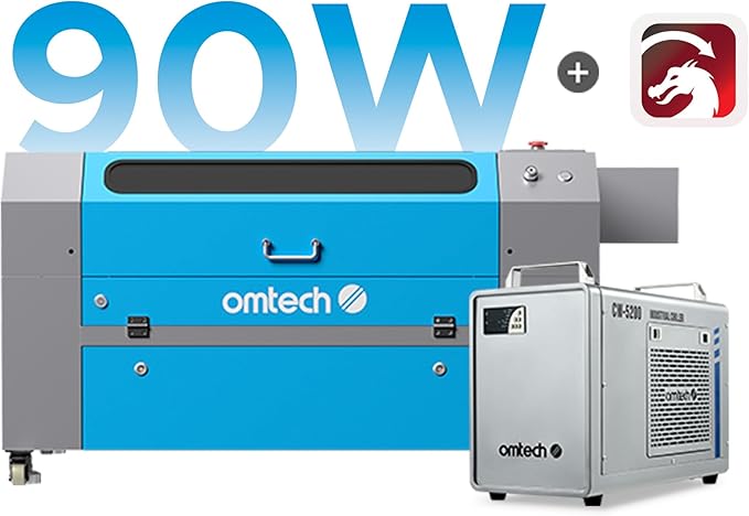 OMTech 90W CO2 Laser Engraver with Water Chiller & LightBurn, 28"x20" Cutting & Engraving Machine with Air Assist, 4-Way Pass, Caster Wheels, RDWorks, for Wood, Glass, Acrylic & More-DeskLoop Office