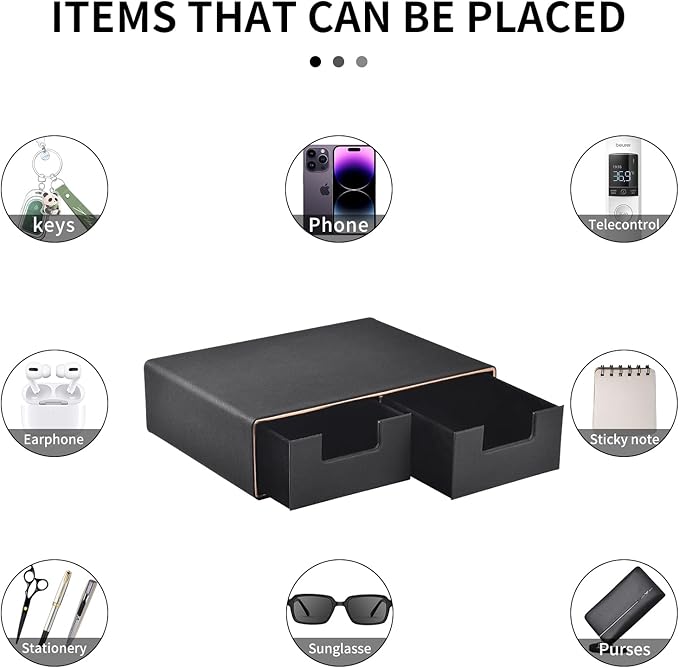 Linen Leather Desk Organizer and monitor stand with Drawers－Mini Desktop Drawer Organizer Stackable－Tabletop Organization Storage Box for Office Supplies Home Vanity Toiletries (Black, 2-drawers)-DeskLoop Office