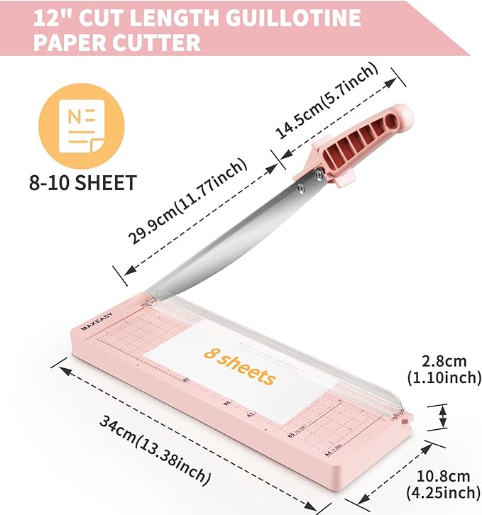 MAKEASY Paper Cutter 12 Inch, Guillotine Paper Cutter with 8 Sheet Capacity, Heavy Duty Paper Cutter for Cardstock, Paper Trimmer for Crafting, Classroom and Office, Pink-DeskLoop Office