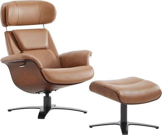 CHITA Genuine Leather Reclining Swivel Chair with Adjustable Headrest and Ottoman for Living Room, Saddle-DeskLoop Office