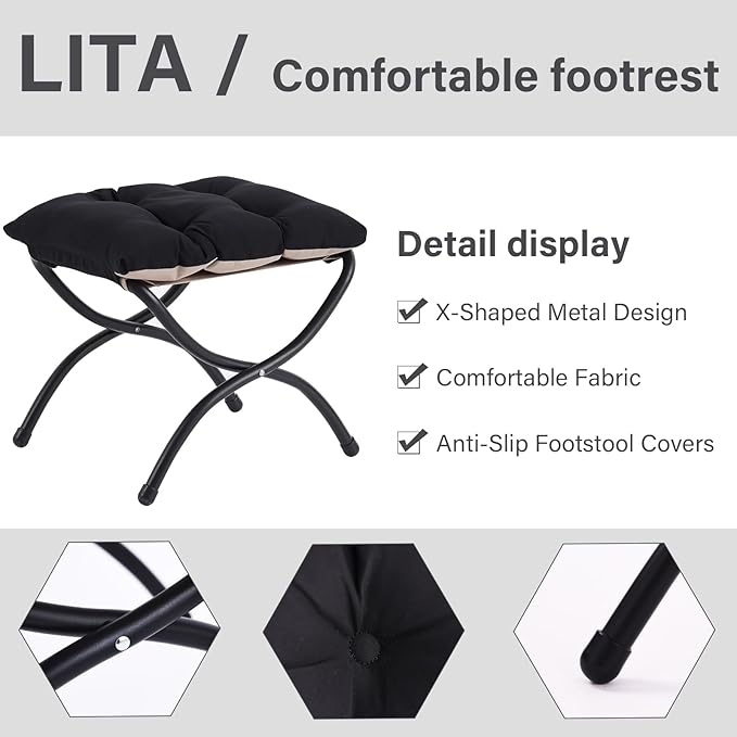 LITA Folding Upholstered Footrest Stool, Modern Small Portable Accent Ottoman with Detachable Thick Cotton Cushion Padded Sofa Stool with Metal Frame for Lazy Chair, Living Room & Bedroom, Black-DeskLoop Office