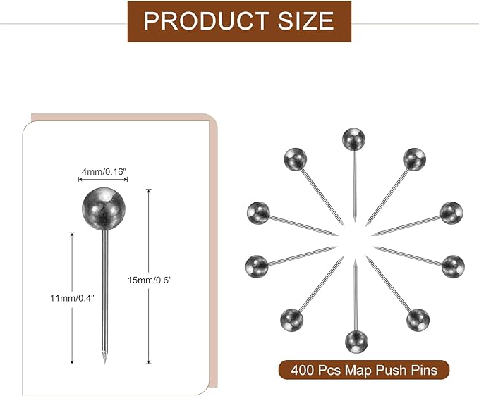 uxcell 400 Pcs Push Pins, Map Thumb Tacks 4mm Round Head Decorative Push Pins for Bulletin Board Home Office Travel Wall DIY Crafts Map Photo, Metallic Black-DeskLoop Office