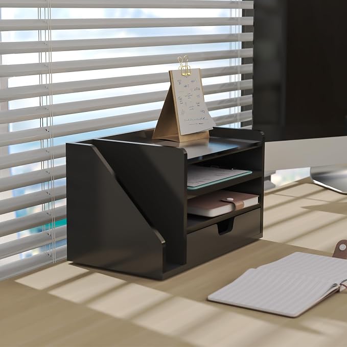 Multi-Tier Wood Desk File Organizer, 3 Tray Shelves & Adjustable Drawer - Image 7