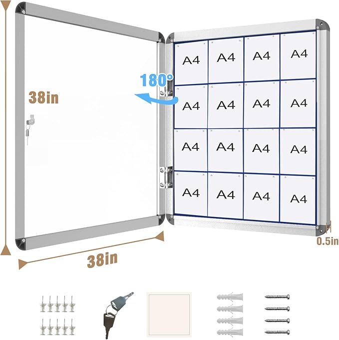 38"x38" Enclosed Bulletin Board, Lockable Weather-Resistant Aluminum Cork Noticeboard for School & Office, Silver Frame w/Blue Flet-DeskLoop Office