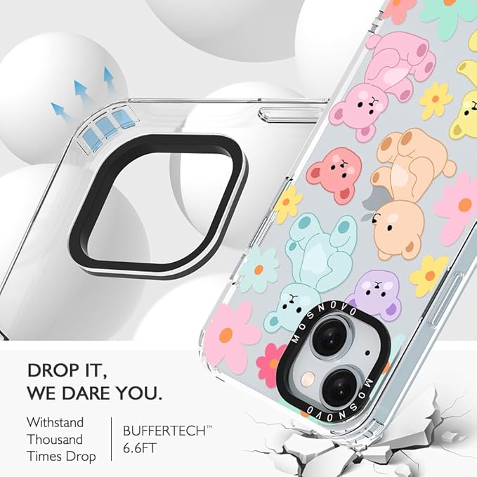 MOSNOVO Case for iPhone 15, [Buffertech 6.6ft Military-Grade Drop Protection] [Anti Peel Off Tech] Clear TPU Bumper Phone Case Cover Design - Cute Teddy Bear-DeskLoop Office