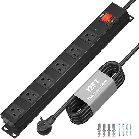 KF 6 Outlet Metal Wall Mount Power Strip, 2100J Surge Protection Heavy Duty Power Strip, 15A/1875W Mountable Power Strips with Upgraded Switch, 14AWG 12FT Power Cord-DeskLoop Office