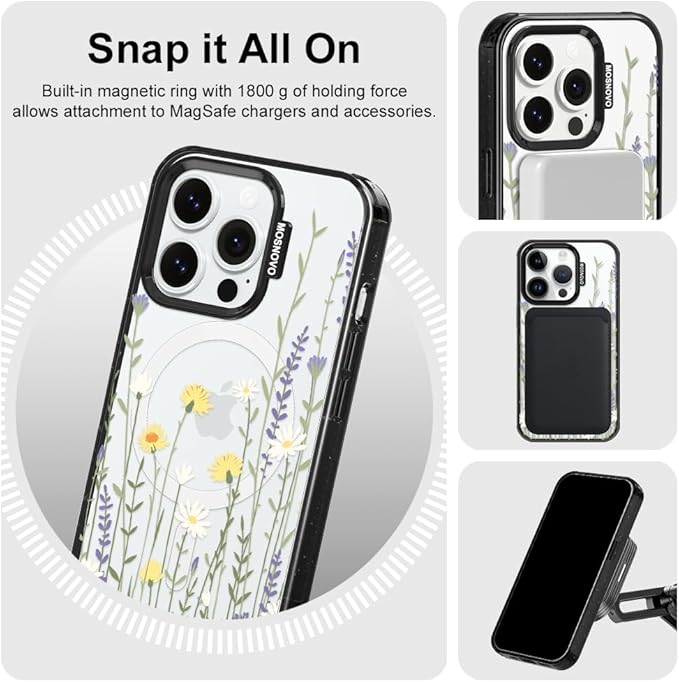 MOSNOVO Magnetic Case for iPhone 14 Pro, 10ft Military-Grade Protection, Compatible with Magsafe, Shockproof Phone Case for iPhone 14 Pro - Wild Meadow - Clear Black-DeskLoop Office