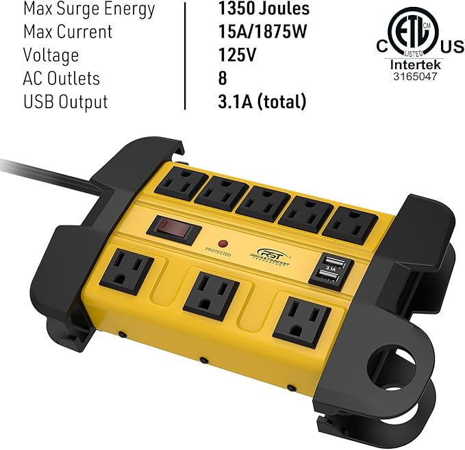 Heavy Duty Surge Protector Power Strip with 2 USB Ports, CRST 8-Outlet Metal Industrial Power Block with 15A Circuit Breaker, 6ft Extension Cord, 1350 Joules for Workshop, Garage, Office, Shop…-DeskLoop Office