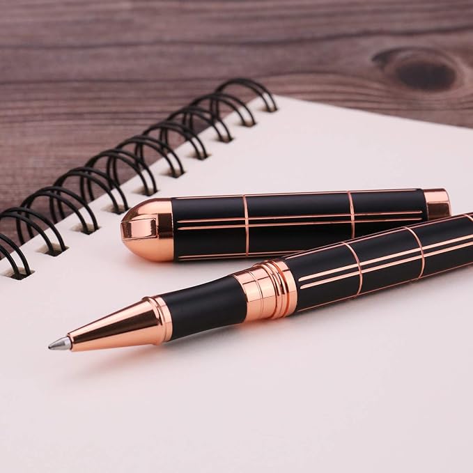 Rose Gold Gel Ink Rollerball Pen-Geometric Stripe Style Copper Grip Metal Pens in Gift Box with 1 Extra Refill,Christmas gift for Women &Men (Black Ink, 0.7mm Fine Point)
