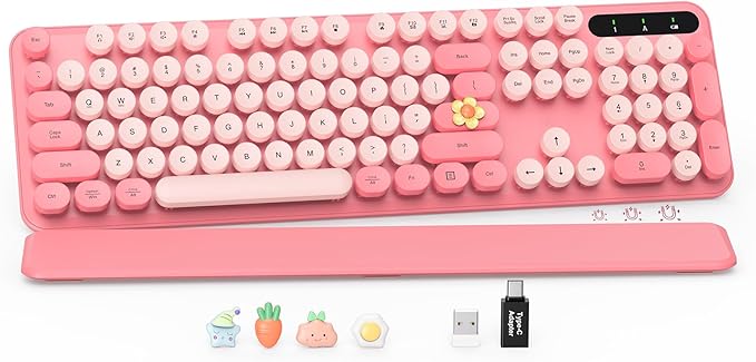 Wireless Keyboard, Round Keycaps, Retro Typewriter Keyboard with Detachable Wrist Rest, Sleep Mode, Foldable Legs, 2.4GHz Full-size Cordless Computer Keyboard for Windows/PC/Laptop (Baby Pink)-DeskLoop Office