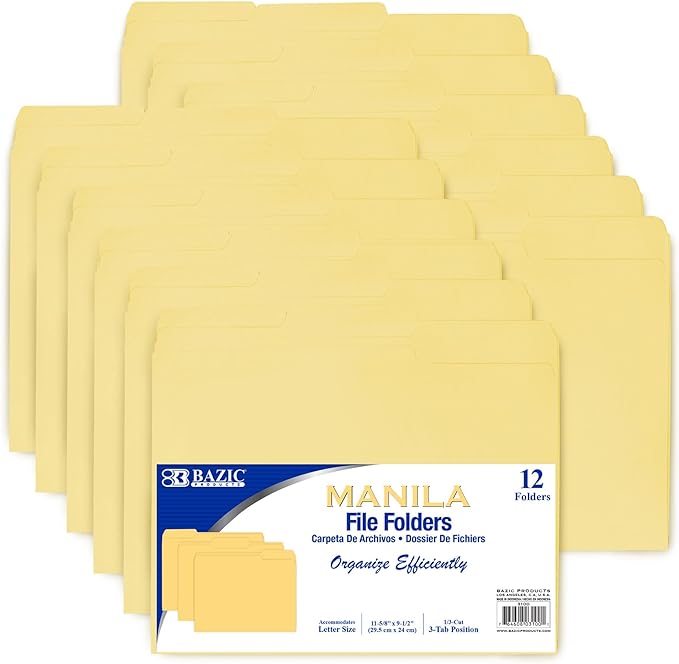 BAZIC Products Manila File Folder, 1/3-Cut Tab, 12 Ct, 48-Case | staggered tabs by BAZICProducts