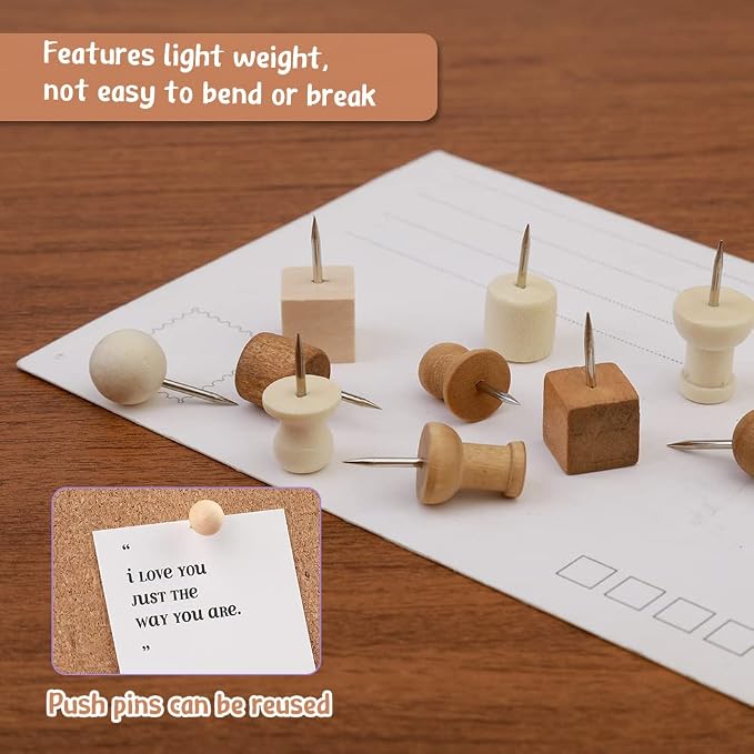 TLKKUE 140 Pieces Push Pins, 5 Style Wood Push Pins Decorative Thumb Tacks - Image 4
