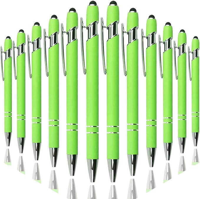 Ballpoint Pen with Stylus Tip, Soft Touch Click Metal Pen, 1.0mm Medium Point, Black Ink, 12 Count(Light Green)-DeskLoop Office