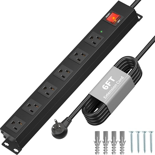 KF Matel 6 Outlet Power Strip Surge Protection 2100J, Heavy Duty Wide Space Power Strip with Flat Plug, 14AWG 6FT Extension Cord for Home, Garage, Shop-DeskLoop Office