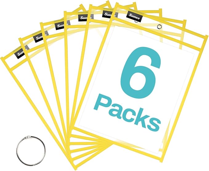SUNEE 6 Packs Oversized Reusable Dry Erase Pocket Sleeves by SUNEE