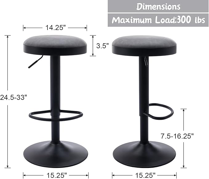Round Swivel Counter Height Bar Stools Set of 4 Modern Adjustable Barstools Backless PU Leather Bar Chairs Industrial Island Chairs with Metal Base/Footrest for Kitchen Island/Pub/Bar, Grey-DeskLoop Office