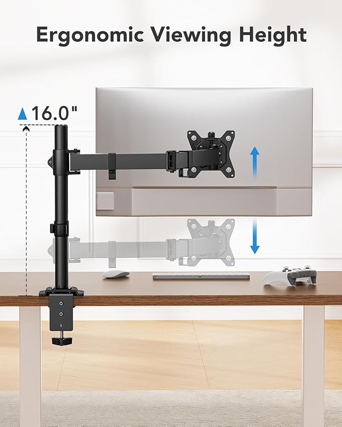 HUANUO Single Monitor Mount, Monitor Arm for 13”-32” Monitors up to 17.6 lbs, Adjustable Stand with 16” Max Height, Desk Mount with C-Clamp and Grommet Base, VESA 75x75mm or 100x100mm-DeskLoop Office