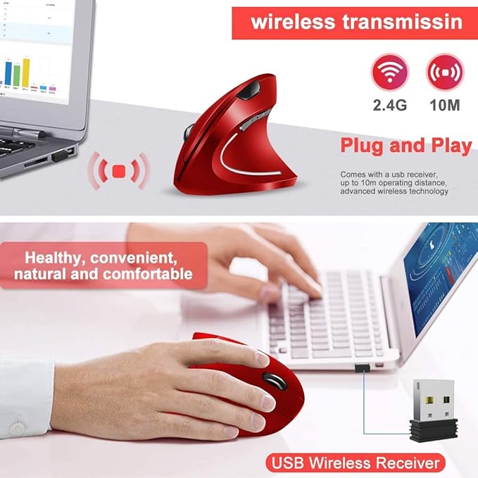 Vassink Ergonomic Rechargeable Wireless Mouse, 2.4Hz Rechargeable Wireless Vertical Optical Mice with USB Receiver, 6 Buttons, 800/1200/1600 DPI RED-DeskLoop Office