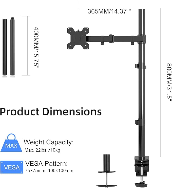 Suptek Single Monitor Arm Desk Mount Fully Adjustable Monitor Stand for 1 / One Screen up to 32 inch Extra Tall 31.5 inch Pole,Black (MD6821)-DeskLoop Office
