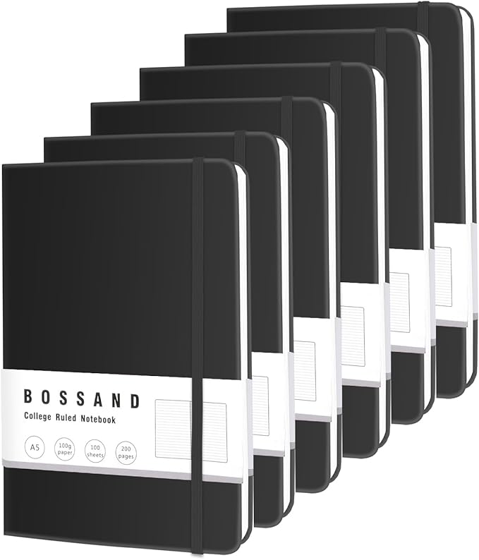 BOSSAND Lined Journal Notebooks, 6 Pack A5 Journals for Writing, 200 Pages 100 GSM Thick College Ruled Paper, Hardcover, 8.25 inches x 5.75 inches, Black-DeskLoop Office