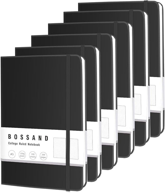 BOSSAND Lined Journal Notebooks, 6 Pack A5 Journals for Writing, 200 Pages 100 GSM Thick College Ruled Paper, Hardcover, 8.25 inches x 5.75 inches, Black-DeskLoop Office