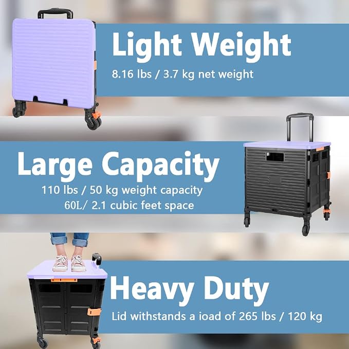 FELICON SELORSS Foldable Utility Cart Folding Portable Rolling Crate-Purple | - Image 3
