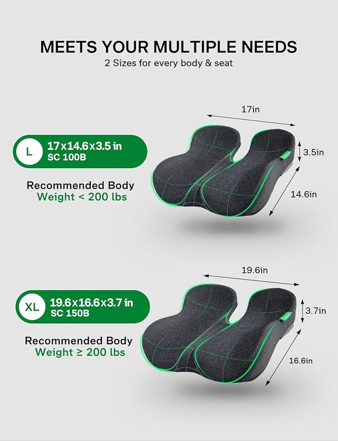Seat Cushion, SC 100B Seat Cushions for Office Chairs, Car Seat, Wheelchair - Sciatica & Tailbone & Coccyx Pain Relief Pillow for Driver Sedentary People（Size:17 * 14.6 * 3.54 in-Black-DeskLoop Office