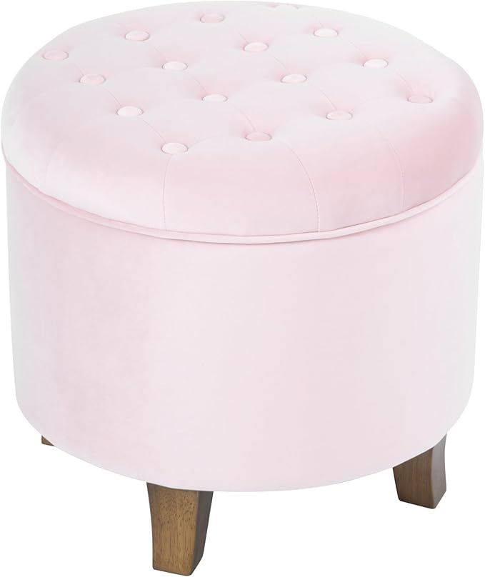 HomePop by Kinfine Fabric Upholstered Round Storage Ottoman - Velvet Button Tufted Ottoman with Removable Lid, Pink, Small-DeskLoop Office