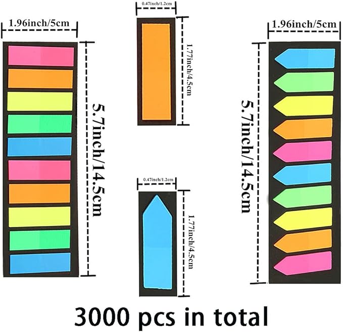 3000 Pieces Neon Page Markers Sticky Index Tabs, Colored Index Tab Flags, Fluorescen Sticker Tabs Note for Books, 12 Sets 2 Designs-DeskLoop Office