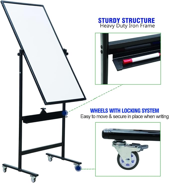 48" x 24" Magnetic Mobile Whiteboard - 360° Reversible Double-Sided Dry Erase Board with Wheels, Portable Standing Whiteboard Easel for Office & Classroom - Includes 6 Markers + 1 Eraser-DeskLoop Office