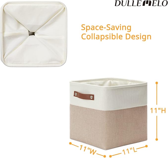 DULLEMELO 11 inch Cube Storage Bins, Large Collapsible Grey Storage Baskets for Square Cubes Organizing, Fabric Boxes Bins for Shelves Nursery Home Office Storage(4 Pack - 11" White&Khaki)-DeskLoop Office