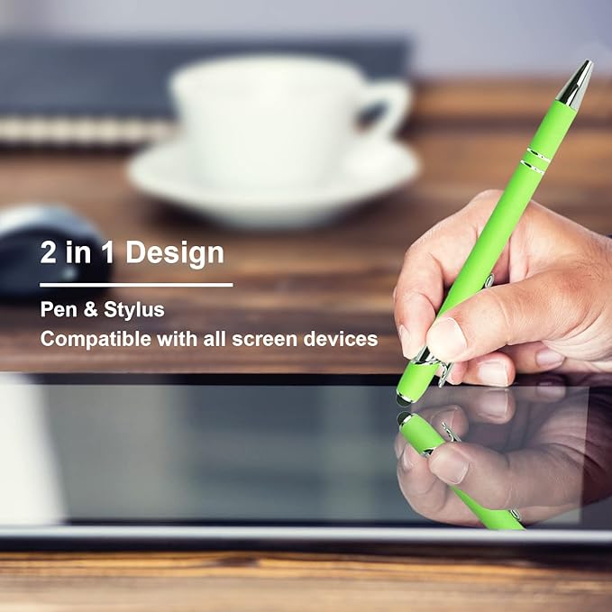 Ballpoint Pen with Stylus Tip, Soft Touch Click Metal Pen, 1.0mm Medium Point, Black Ink, 12 Count(Light Green)-DeskLoop Office