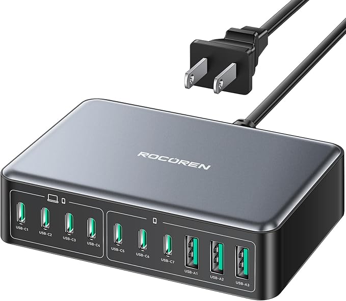 480W USB C Charger Block, Rocoren 10-Ports USB C Charging Station for Multiple Devices,PD 100W Type c Gan Fast Charger Station Multi USBC Charging Hub for Laptop MacBook HP iPad iPhone Samsung-DeskLoop Office