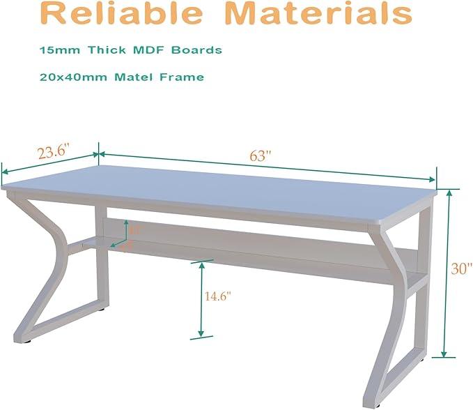 Extra Long Desk with Bookshelf - 63" Double Long Writing Table for 2-Person Workstation, Modern Study Work Computer Desk for Home and Office, Warm White-DeskLoop Office