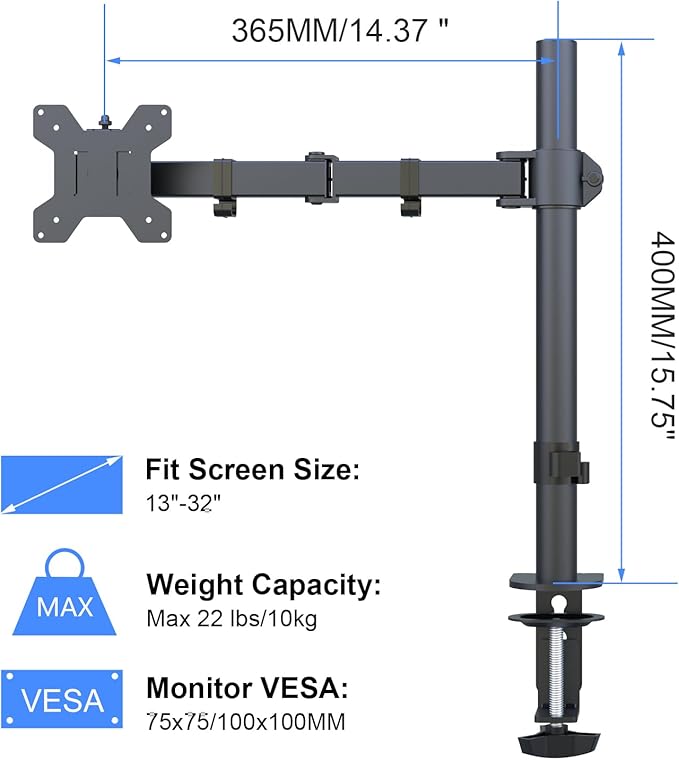 Suptek Single LED LCD Monitor Desk Mount Heavy Duty Fully Adjustable Monitor Stand for 1 / One Screen up to 27 inch-DeskLoop Office