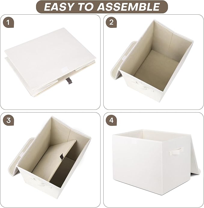 Large 22 Quart Linen Fabric Foldable Storage Bin Cube Organizer Basket with Flip-Top Lid & Handles, Clothes Blanket Box for Home, Office, Closet, White, 4 Pack 14.6 x 9.5 x 9.5”-DeskLoop Office