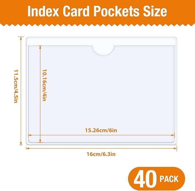 40 PCS Index Card Pockets 4"X6", Self Adhesive Card Pockets, Plastic Labels - Image 2