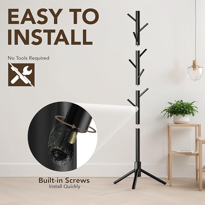 Wooden Tree Coat Rack Stand,Sturdy Freestanding Coat Rack with 8 Hooks,3 Adjustable Height for Child Adult,Wood Coat Stand Tree Fits Entryway Bedroom Office for Bags,Hats-DeskLoop Office