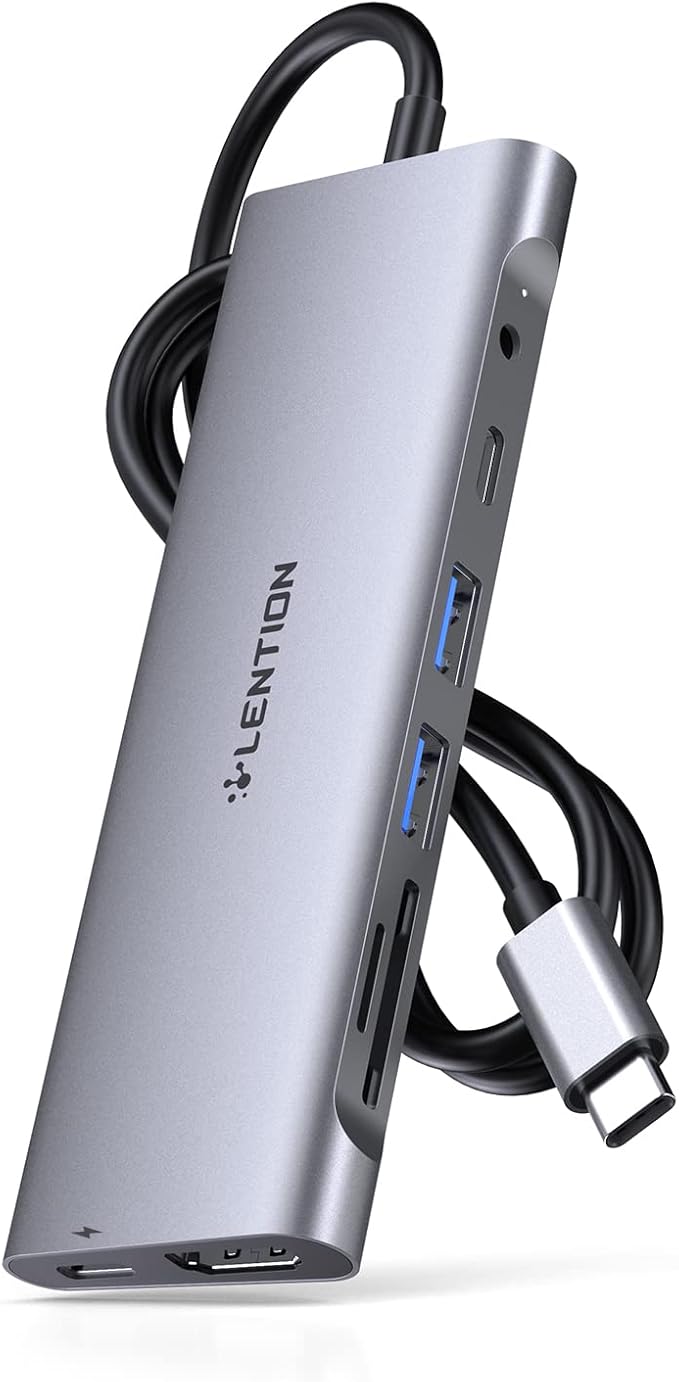 LENTION 3.3FT Long Cable USB C Hub with 4K HDMI, 2 USB 3.0, Card Reader, Aux, Type C Data/Charging Compatible 2024-2016 MacBook Pro, Mac Air/Surface, More, Stable Driver Adapter (CB-C37, Space Gray)-DeskLoop Office