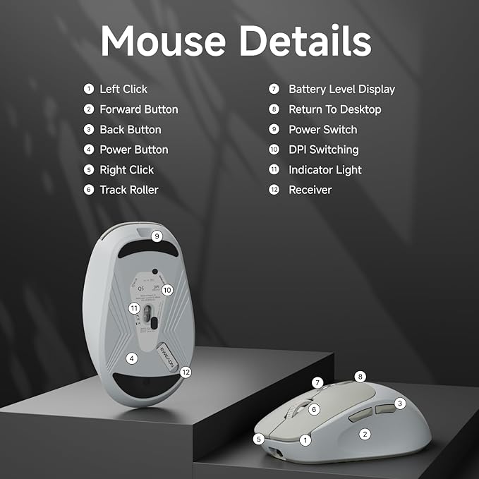 EWEADN Q5 Wireless Mouse, Bluetooth & 2.4G Quiet Computer Mouses with 1600 DPI, Battery Level Display, Ergonomic Office Mouse,6 Button Portable Cute Cordless Mice for Laptop/PC/Mac- Grey-DeskLoop Office