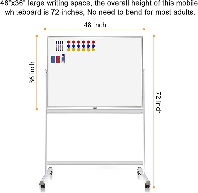 H-Qprobd Rolling Whiteboard with Stand 48"x36" Double-Sided Mobile Magnetic Dry Erase Board on Wheels for Home, Office & School-DeskLoop Office