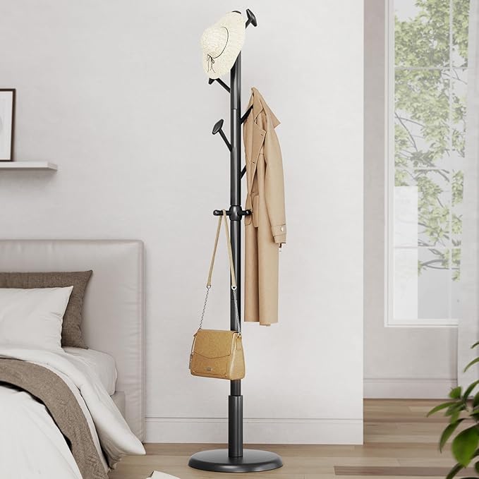 Solid Wood Coat Rack Freestanding Coat Tree with 10 Hooks for Bedroom, Livingroom, Entryway, Sturdy Coat Hanger Stand for Hats, Coats, Scarves, Handbags, Purses-DeskLoop Office