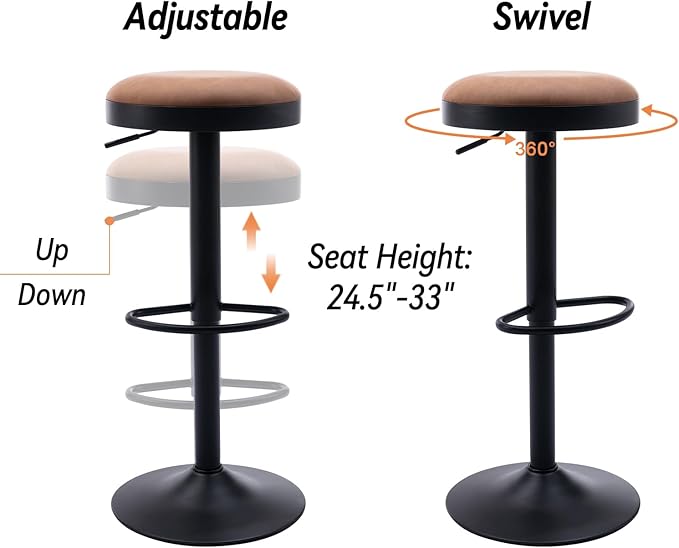 Round Swivel Counter Height Bar Stools Set of 2 Modern Adjustable Barstools Backless PU Leather Bar Chairs Industrial Island Chairs with Metal Base/Footrest for Kitchen Island/Pub/Bar, Brown-DeskLoop Office