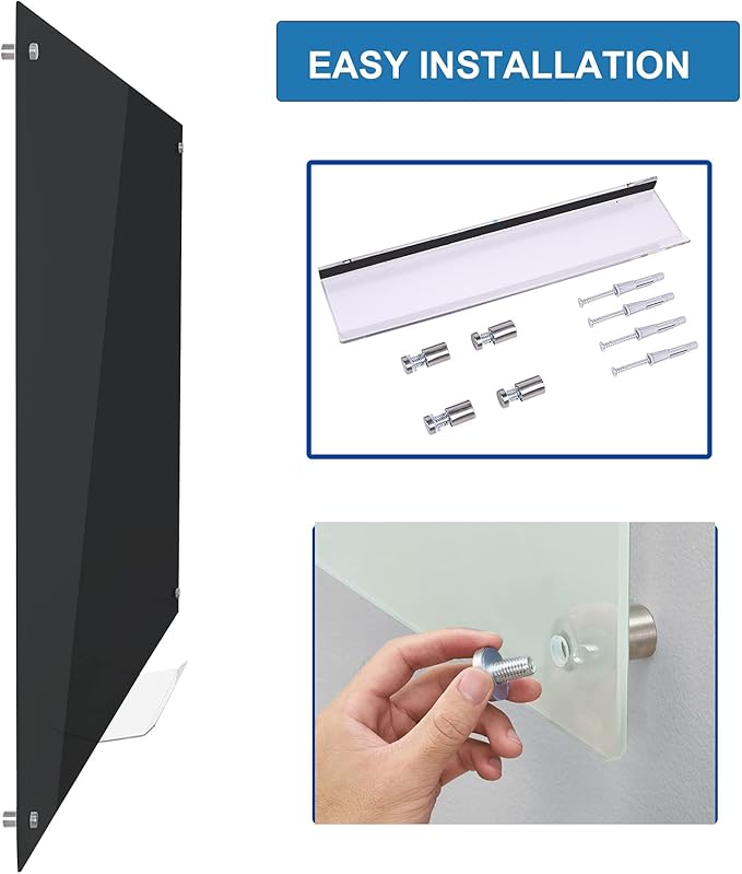 48" x 36" Magnetic Black Glass Board - Frameless Tempered Glass Dry Erase Blackboard with Marker Tray & Eraser, Premium Interactive Whiteboard- Frosted Surface for Office, Classroom, or Home-DeskLoop Office